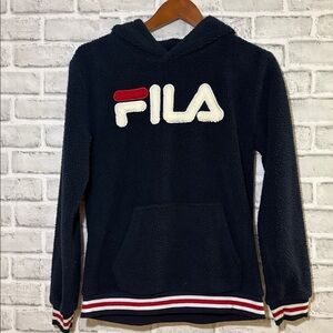 Fila Dark Blue Fleece Hoodie with Red and White Accents, boys size XL 14-16